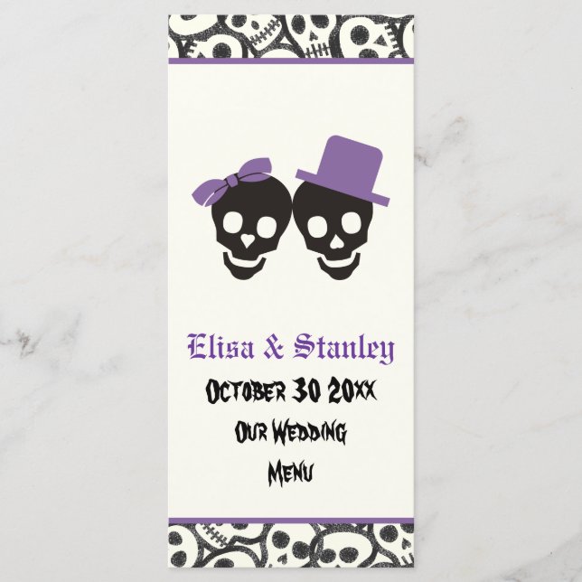 Fun Skulls Halloween lila Hochzeitskarte Menükarte (Vorderseite)