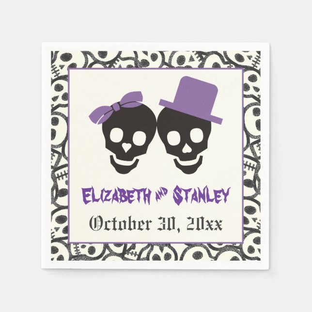 Fun Skulls Halloween lila und schwarze Hochzeit Serviette (Vorderseite)
