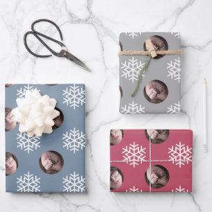 Fun Snowflake Blue Red Grau Weihnachtsgefecht Foto Geschenkpapier Set