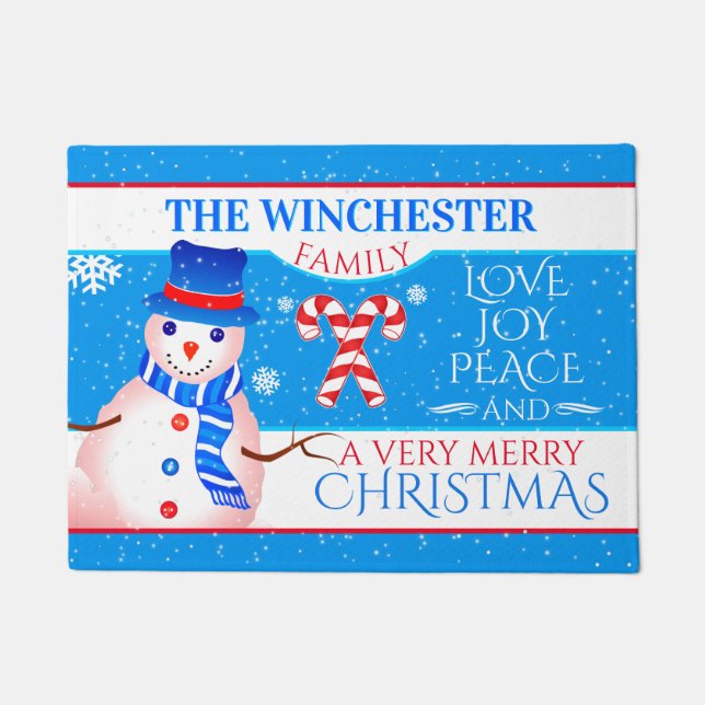 FUN Snowman in Blue Hat and Scarf | BLAUER Weihnac Fußmatte (Vorderseite)