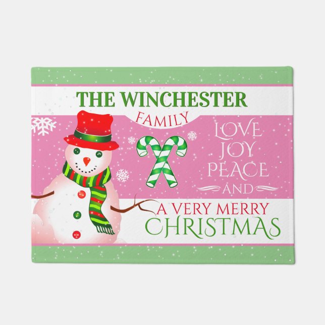 FUN Snowman in Red Hat und Scarf | PINK Christmas Fußmatte (Vorderseite)
