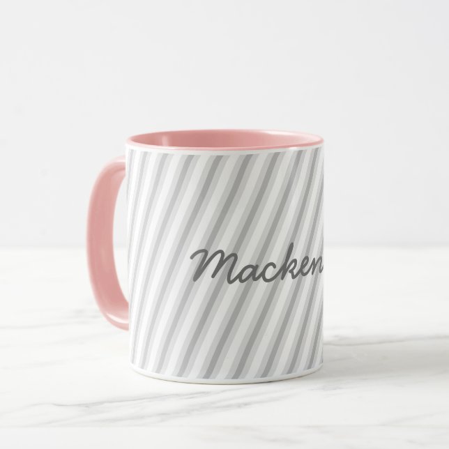 Fun Soft Grau auf weißen Streifen mit Namen Tasse (Vorderseite Links)