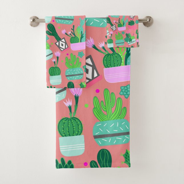 Fun Southwestern Niedlich Girly Pink Cactus Patter Badhandtuch Set (Insitu)