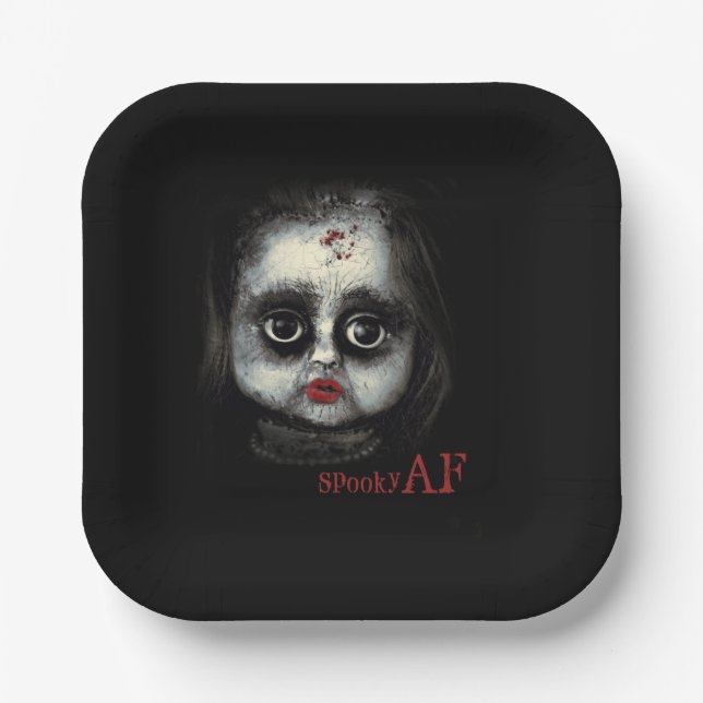 Fun Spooky AF Creepy Goth Doll Face Halloween Pappteller (Vorderseite)