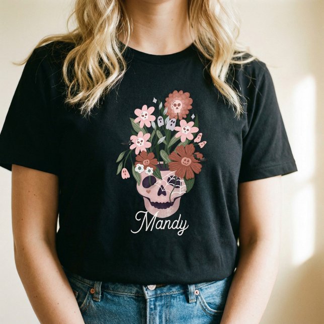 Fun Spooky blühendes BlumenHalloween Schädel Tri-Blend Shirt (Cute Fun Pink Skull Flowers Halloween Custom Name Tri-Blend Shirt)
