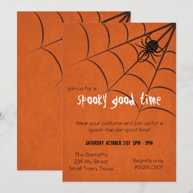 Fun Spooky Spider und Web Black Orange Halloween Einladung (Vorne/Hinten)