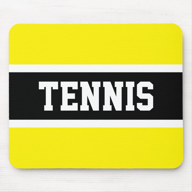 Fun Sporty Bold TENNIS Text Gelbe schwarze Streife Mousepad (Vorne)