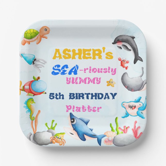 Fun Square Under-the-Sea Ocean Protector Birthday Pappteller (Vorderseite)
