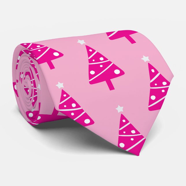 Fun Stilvolle White Hot Pink Weihnachtsbaummuster Krawatte (Gerollt)