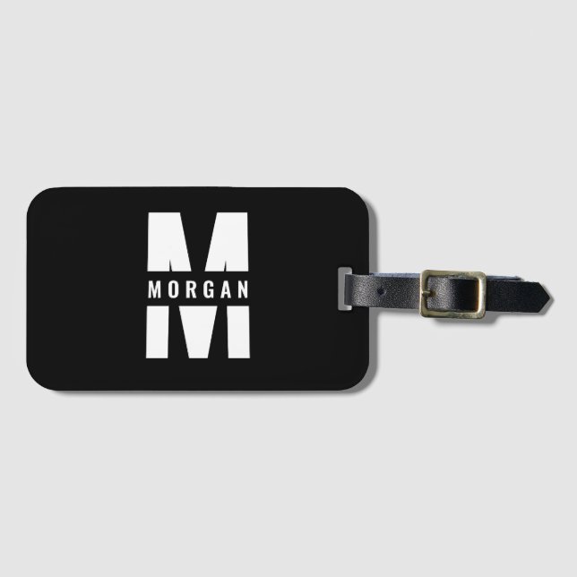 Fun Stylish Chic Monogram Name Initial Schwarz-wei Gepäckanhänger (Vorderseite (Horizontal))