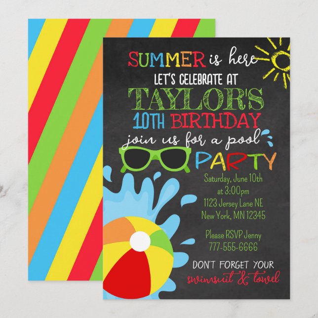 Fun Summer Chalkboard Pool Party Geburtstag Einladung (Vorne/Hinten)