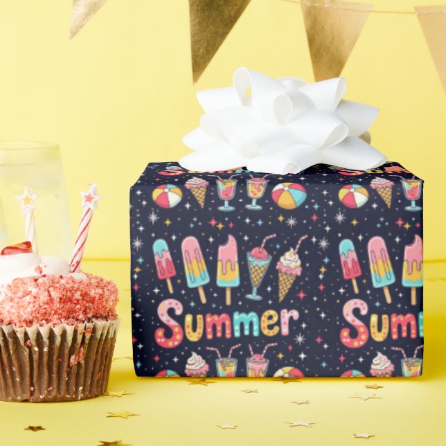 Fun Summer Graphics On Black Geschenkpapier (Geburtstagsparty)