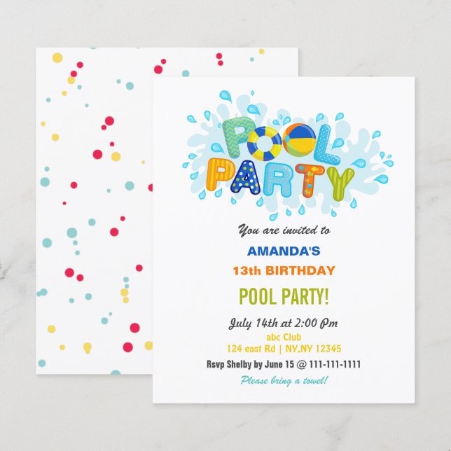 Fun Summer Swimming Pool Party Birthday  (Vorne/Hinten)