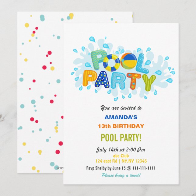 Fun Summer Swimming Pool Party Birthday  Einladung (Vorne/Hinten)