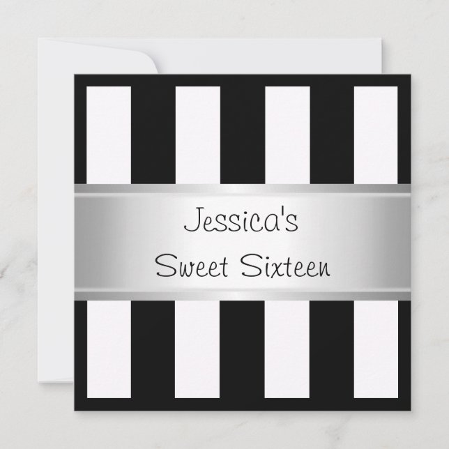 Fun Sweet 16 Black & White Stripes Silber Party Einladung (Vorderseite)