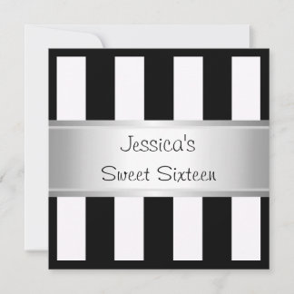 Fun Sweet 16 Black & White Stripes Silber Party Einladung