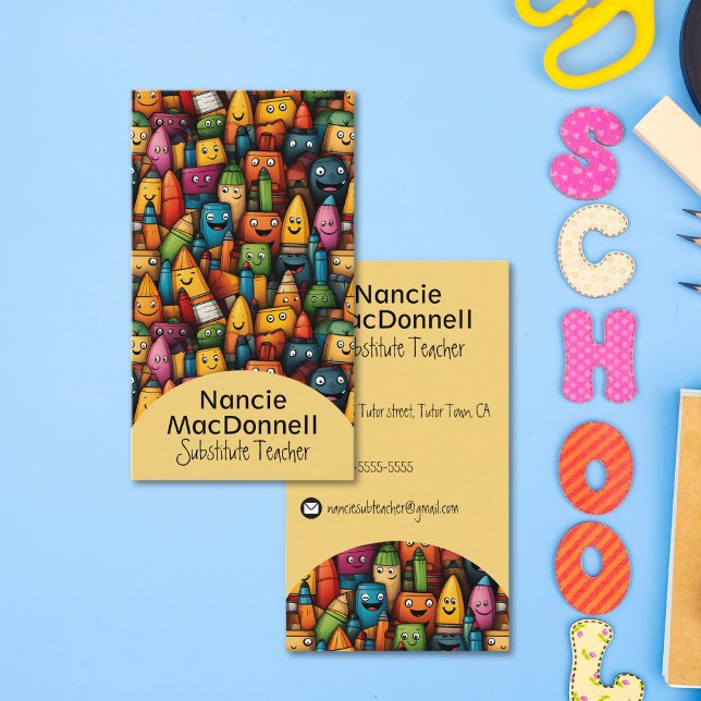 Fun Teacher Bildung Farbenfrohe Cartoon Pen Muster Visitenkarte (Von Creator hochgeladen)