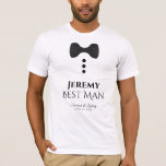 Fun Trauzeuge Black Krawatte Mock Tuxedo Hochzeit T-Shirt<br><div class="desc">Diese lustigen T - Shirt sind als Favoriten oder Geschenke für Ihren Trauzeuge entworfen. Der T - Shirt ist weiß und zeigt eine Krawatte mit schwarzem Bug und drei Tasten. Der Text liest Trauzeuge, und hat einen Ort, um seinen Namen, den Namen des Ehepaares und das Hochzeitsdatum anzugeben. Eine tolle...</div>