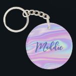 Fun Trendy Faux Iridescent Personalized w/ Name Schlüsselanhänger<br><div class="desc">This fun and modern keychain features a faux iridescent background in playful shades of pink, purple, and blue. On top of the background image is your name in modern calligraphy script. The design is the same on both sides. Makes a fabulous gift for anyone - but especially for a teen!...</div>