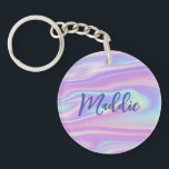 Fun Trendy Faux Iridescent Personalized w/ Name Schlüsselanhänger<br><div class="desc">This fun and modern keychain features a faux iridescent background in playful shades of pink, purple, and blue. On top of the background image is your name in modern calligraphy script. The design is the same on both sides. Makes a fabulous gift for anyone - but especially for a teen!...</div>