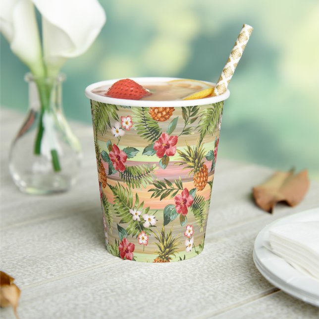 Fun Tropical Ananas Fruit Floral Blätter Muster Pappbecher (In Situ)