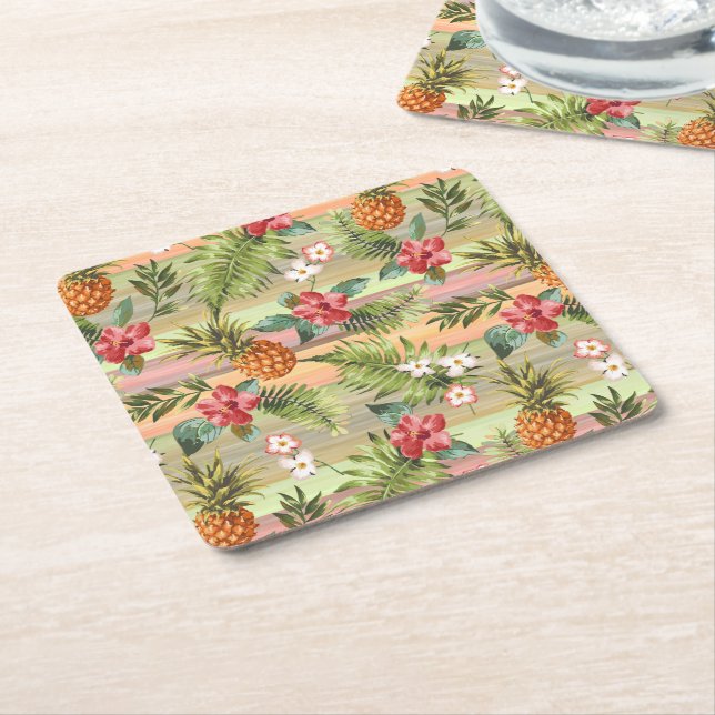 Fun Tropical Ananas Fruit Floral Blätter Muster Rechteckiger Pappuntersetzer (angewinkelt)