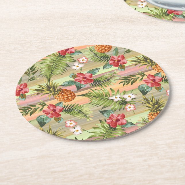 Fun Tropical Ananas Fruit Floral Blätter Muster Runder Pappuntersetzer (Angewinkelt)