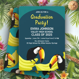 Fun Tropical Aquamarin Bananas Toucans Graduation Einladung