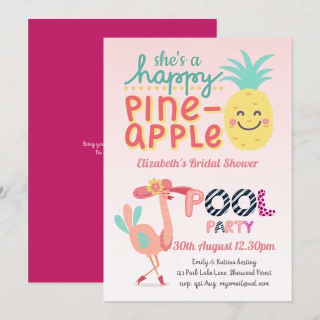 Fun Tropical Flamingo Pool Party Pink Blau Moderne Einladung (Vorne/Hinten)