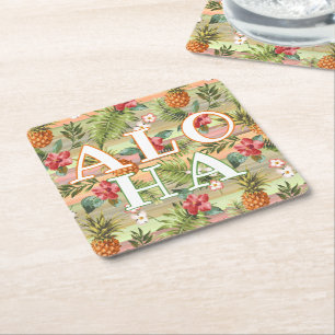 Fun Tropical Pineapse Fruit Floral Stripe Muster Rechteckiger Pappuntersetzer