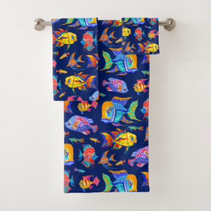 Fun tropische Fische auf dunkelblau Badhandtuch Set