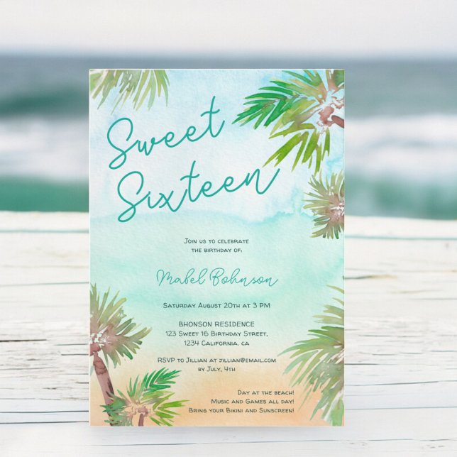 Fun Tropische Palmen Aquarellstrand Süß 16 Einladung (Fun Tropical palm trees watercolor beach Sweet 16 Invitation)