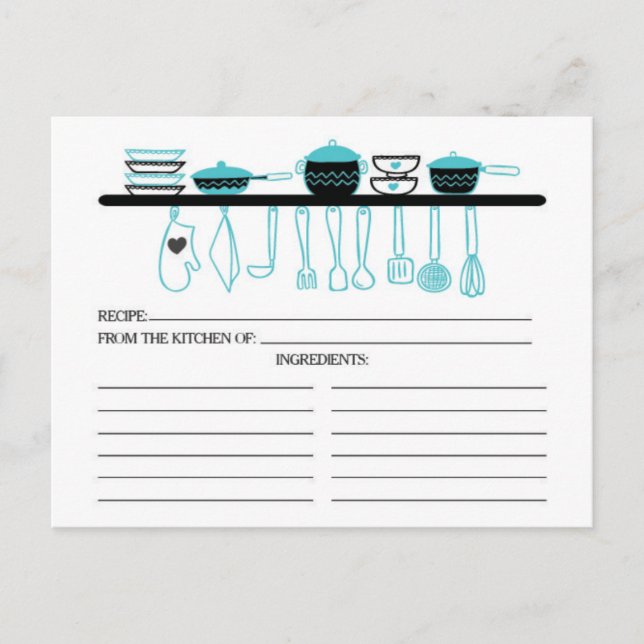 Fun Turquoise Kitchen Gadgets Bridal Recipe Cards Postkarte (Vorderseite)