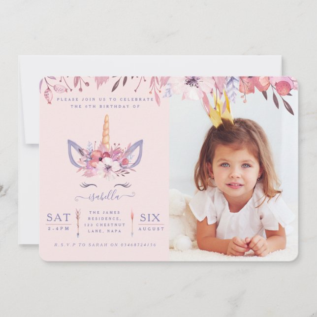 Fun Unicorn Gesicht Aquarell Foto Party einladen. Einladung (Vorderseite)