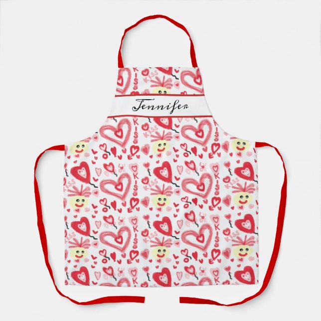 Fun Valentines Red Pink Heart Doodle Personalisier Schürze (Vorderseite)