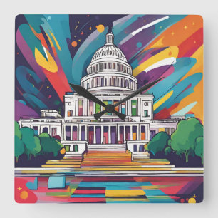 Fun Vibrant Funky Washington DC Horloge murale!