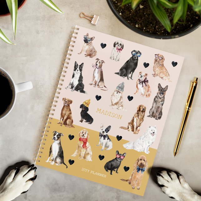 Fun Watercolor Chien Chien Chiot Motif Personnalis (Fun Watercolor Dog Puppy Pattern Personalized Name Planner)