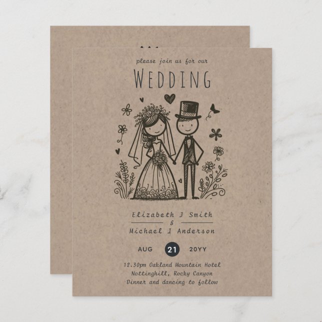 Fun Wedding Cartoon Bride Groom Handgezeichnet (Vorne/Hinten)