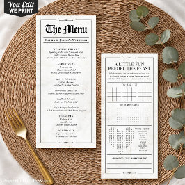 Fun Wedding Menu mit Wedding Games Newspapier Menükarte
