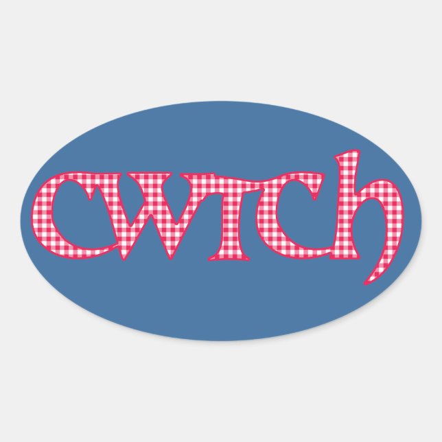 Fun Welsh Cwtch Stickers: Roter Karo Gingham Ovaler Aufkleber (Vorderseite)