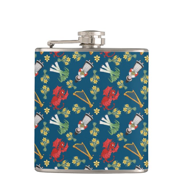 Fun Welsh Emblems auf Blue Hip Flask Flachmann (Vorderseite)