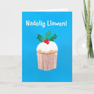 Fun Welsh Language Christmas Card Cupcake, Holly Feiertagskarte
