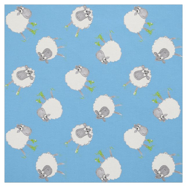 Fun Welsh Sheep auf Blue Pattern Fabric Stoff (Muster)