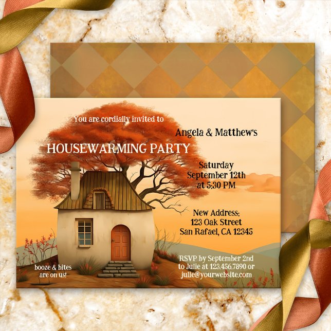 Fun Whimsical Artistic Housewarming Einladung (Fun housewarming party invitation featuring a modern art painting of a whimsical home with tree)
