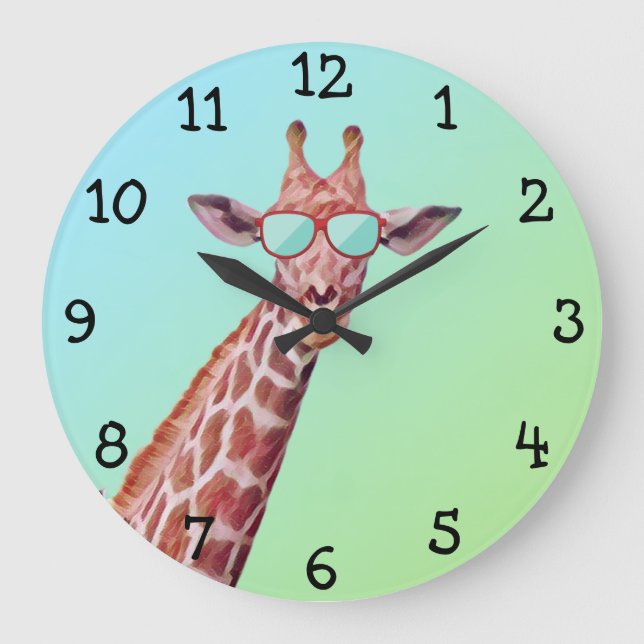 Fun Whimsical Giraffe mit Sonnenbrille auf Grün Große Wanduhr (Vorderseite)