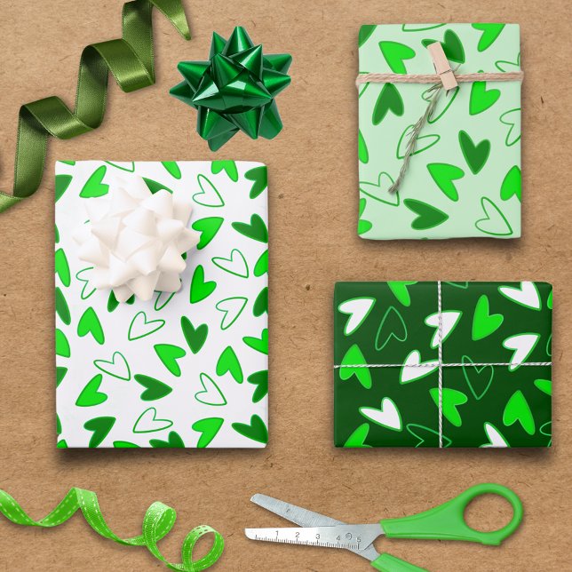 Fun Whimsical Green Heart Pattern Geschenkpapier Set (Fun Whimsical Green Heart Pattern Wrapping Paper Sheets)