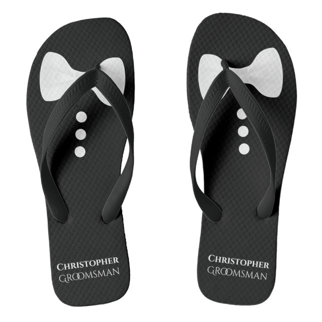 Fun White Bow Krawatte auf Black Niedlich Trauzeug Flip Flops (Fußbett)