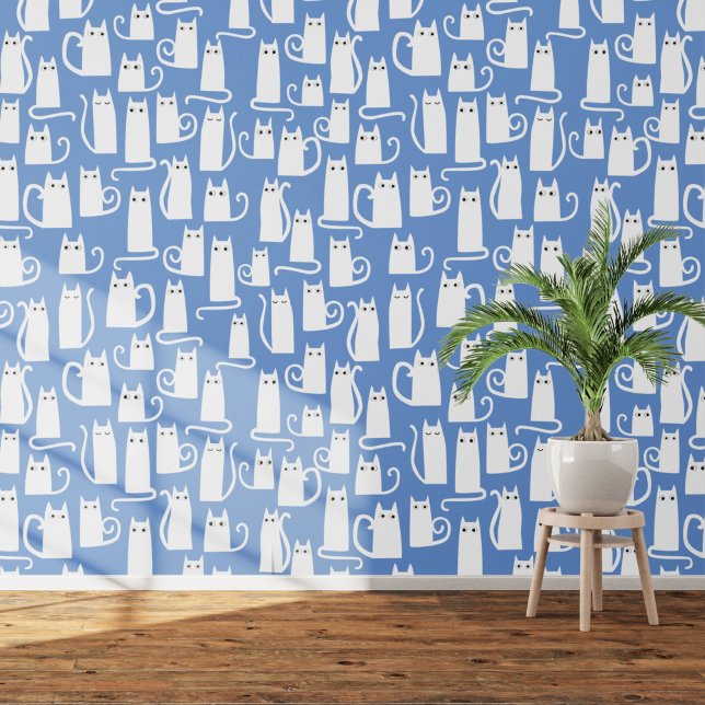 Fun White Cat Muster auf blau Tapete (White cats on blue art wallpaper)