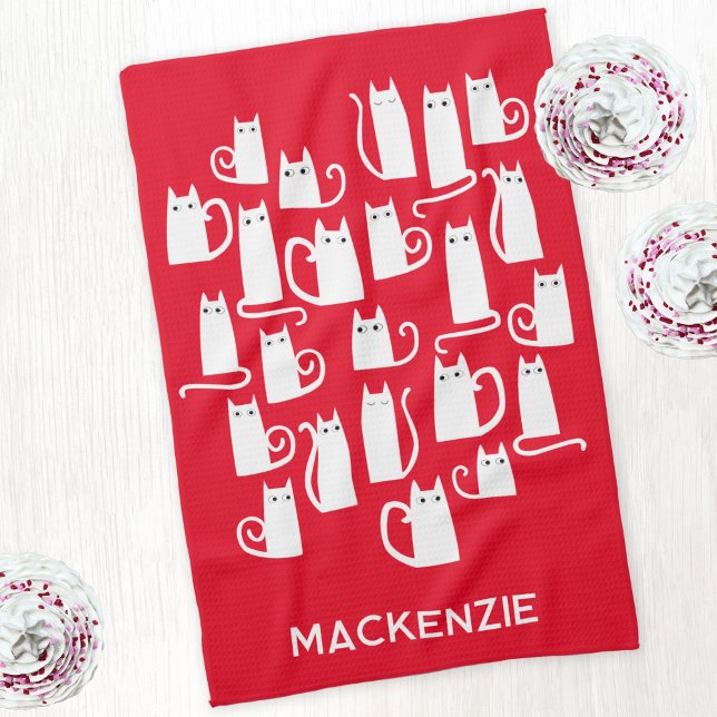 Fun White Cats Personalisierter Name Geschirrtuch (Red and white kitty cat festive personalized name kitchen tea towel)