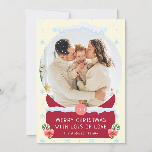 Fun White Joyeux Noël Snow Globe Carte photo (Devant)
